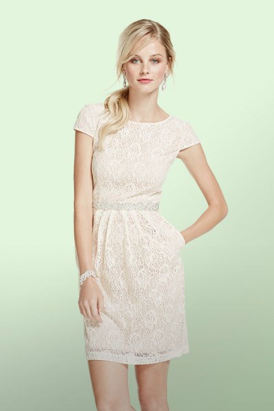white lace sleeves ruched waist mini lace dress