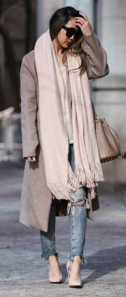 white cashmere scarf gray long woolen coat