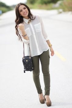 white chiffon blouse and army green drainpipe trousers and heels with leopard print