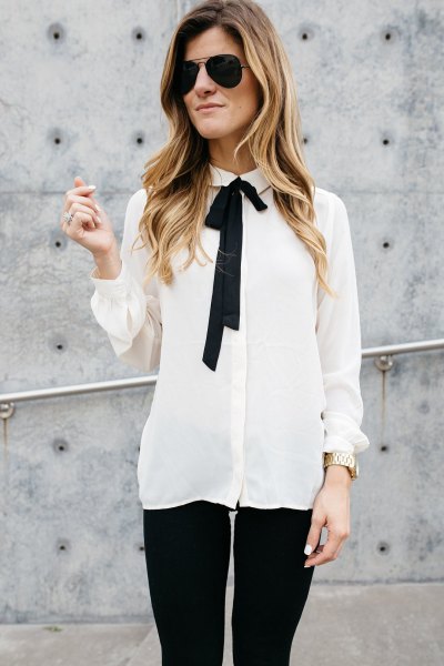 white chiffon blouse with black bow