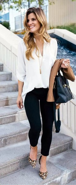 white chiffon blouse with black skinny jeans and leopard heels