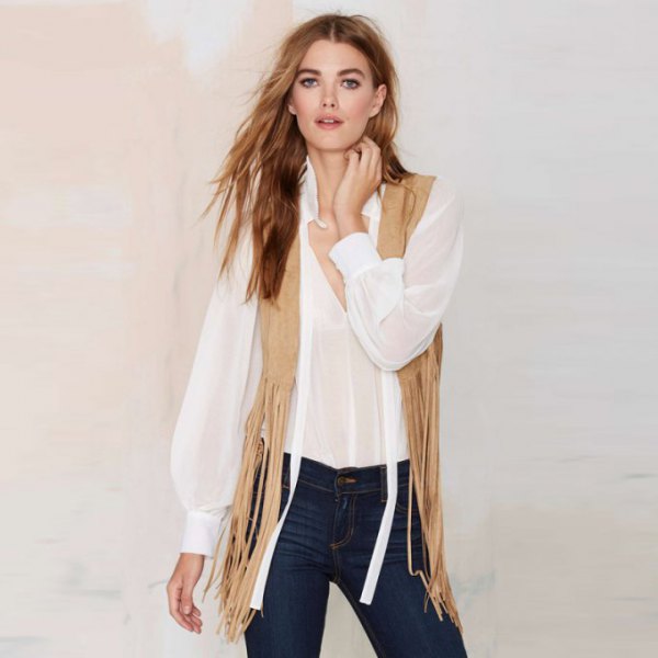 white chiffon blouse with hippie vest with crepe fringes