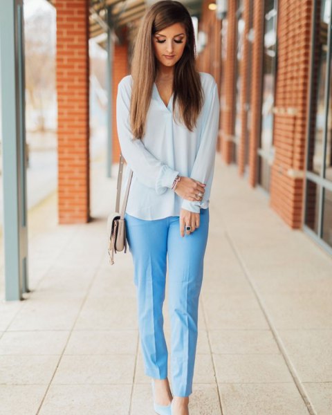 white chiffon blouse with light blue, loosely cut trousers