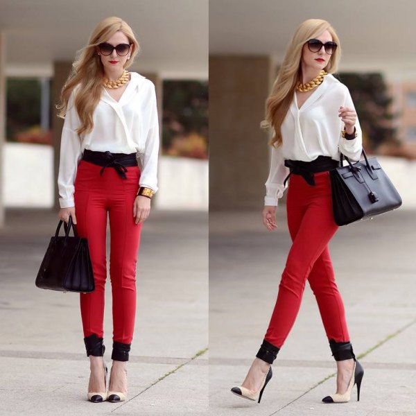 white chiffon blouse with red, narrow high-rise pants