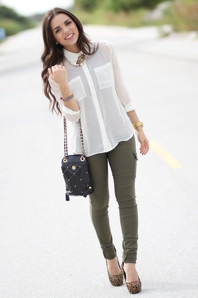 white chiffon shirt with buttons and olive-green skinny jeans