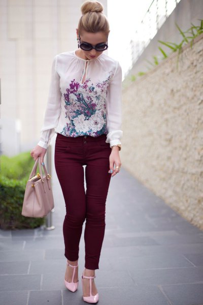white chiffon flower blouse with black drainpipe trousers