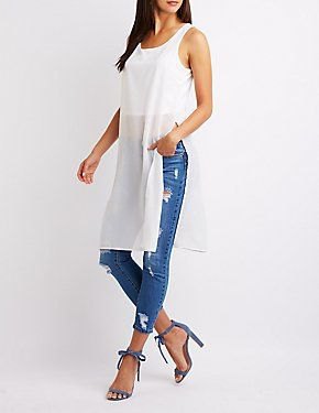 white, semi-transparent tank top made of chiffon with ripped jeans