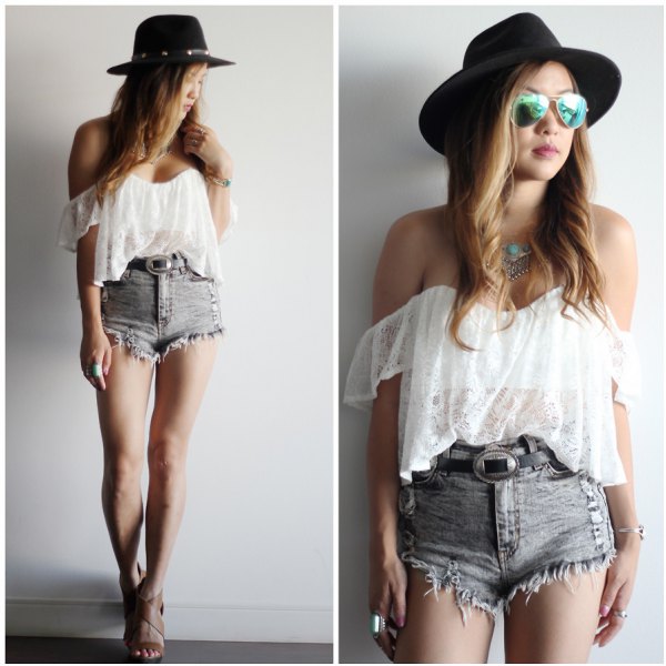 white, semi-transparent tube top made of chiffon with gray, high-waisted, ripped denim shorts