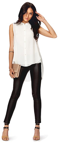 sleeveless blouse made of white chiffon, black leather gaiters