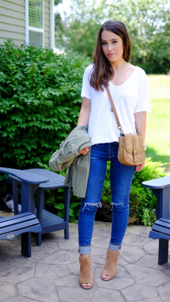 white chiffon t-shirt with blue jeans and camel boots