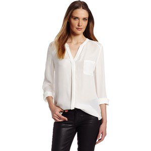 white collarless shirt with chiffon V-neck, black leather pants