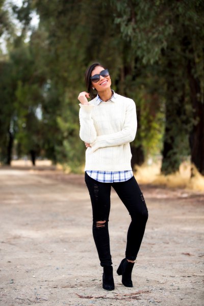 white, chunky sweater with blue checked boyfriend shirt