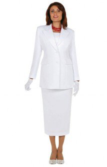 white church suit jacket with medium skirt and gloves