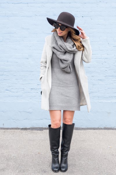 white cocoon coat with gray pullover mini dress and knitted scarf
