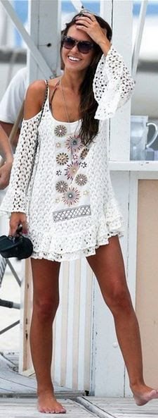 white crochet dress with cold shoulder