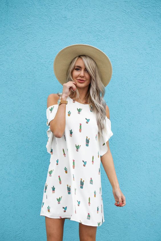 white cactus with cold shoulder dress