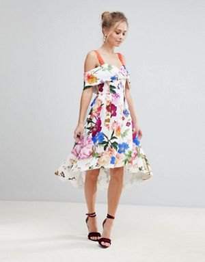white midi floral dress with cold shoulder