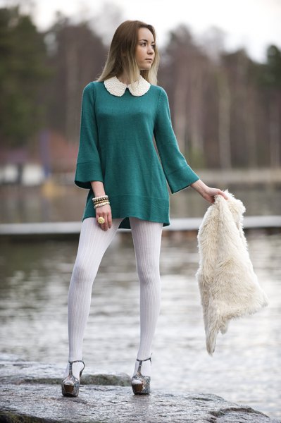 white collar tunic top with bell sleeves and white leggings