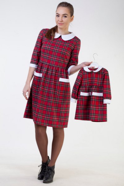 white collar, red plaid, knee-length dress with a ruched waist