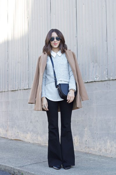 white shirt with collar, blushing pink coat and black flared jeans