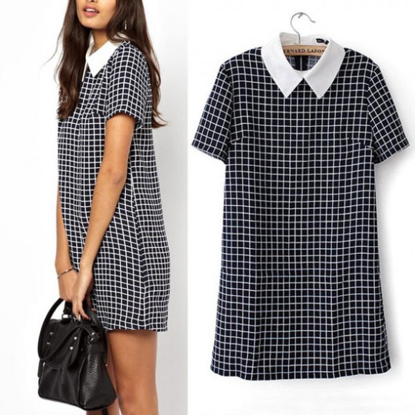 Checkered short-sleeved mini dress with white collar