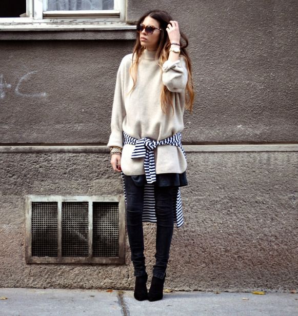 white comfortable sweater with waistband and striped t-shirt