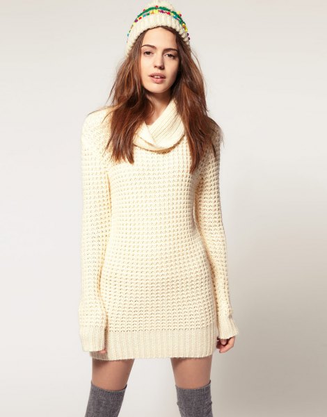 white knitted sweater dress with waterfall neckline