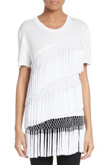 white t-shirt with round neckline, several layers of fringes