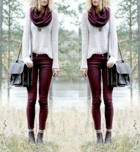 white crocheted knit sweater with infinity scarf and auburn skinny jeans