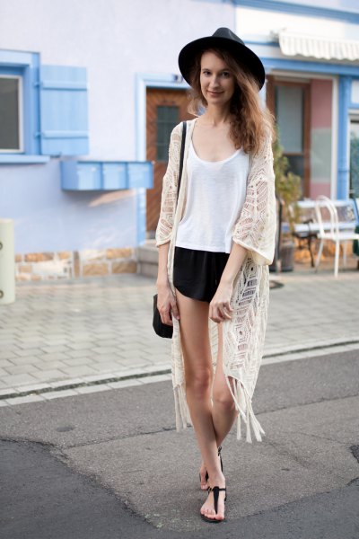 white crochet lace kimono vest top black shorts