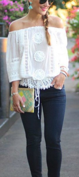 white crochet lace from the top with skinny jeans