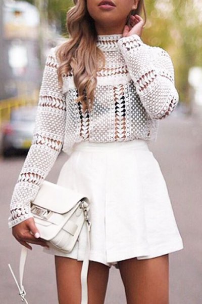 white crochet top with mock neck and minirater skirt
