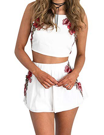white crop top with matching flowing floral mini shorts