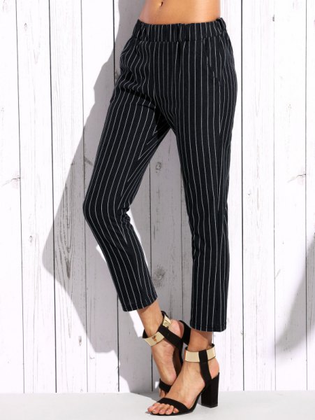 white crop top with vertically striped elastic waist ankle pants