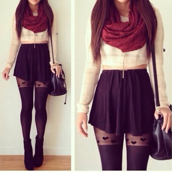 white, short cut blouse with red infinity scarf and mini skirt
