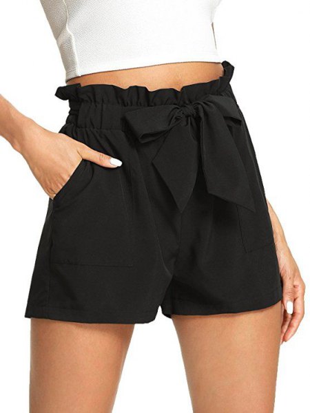 white, cropped, fitted t-shirt with black, elastic waist shorts