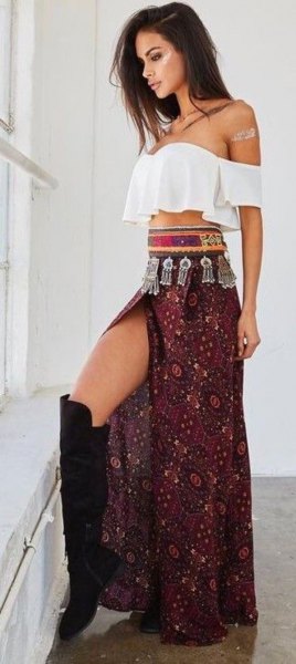 white shoulder blouse with a black, high split gypsy skirt