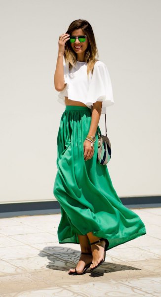 white short t-shirt with green maxi skirt with high waist