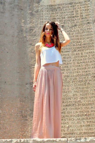 white short vest top with blushing pink maxi skirt made of linen
