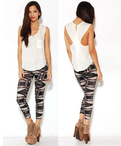 White cut out tank top with black printed leggings