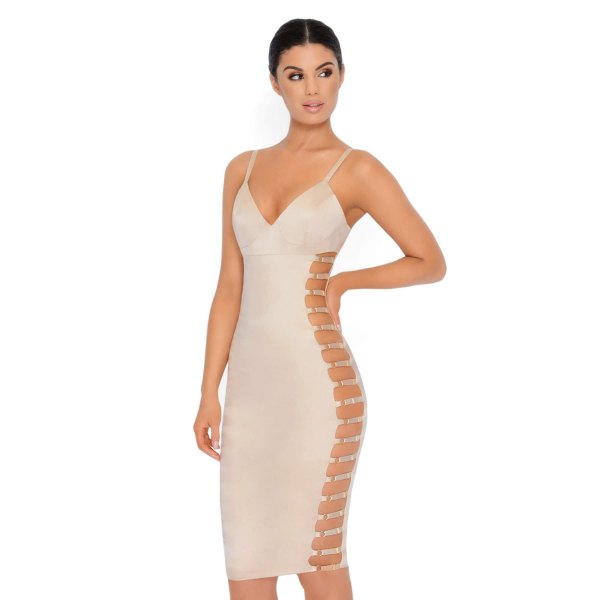 white, figure-hugging mini dress with deep V-neckline and several cut-out side details