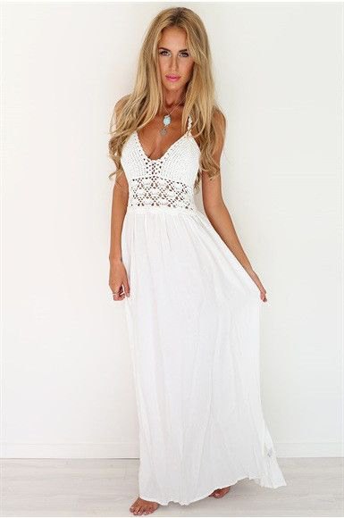 white deep crocheted maxi beach dress