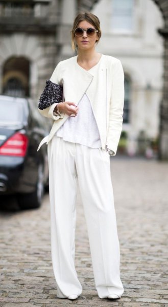 white suit trousers with matching bomber jacket