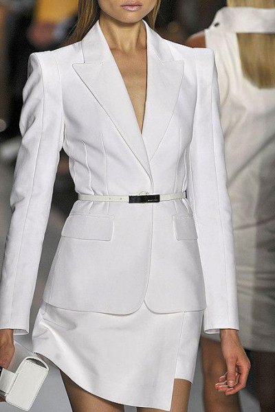 white suit with clutch and open toe heels