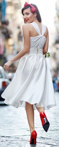 white fit and flared midi silk dress