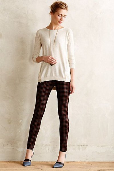 white cut sweater green and black plaid ponte trousers