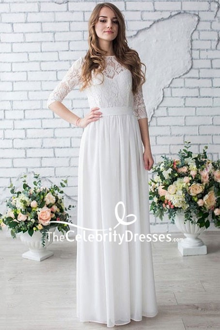 White Floor Length Lace Prom Dress With Half Sleeves .