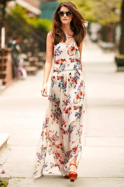 white chiffon maxi dress with floral pattern and brown heels
