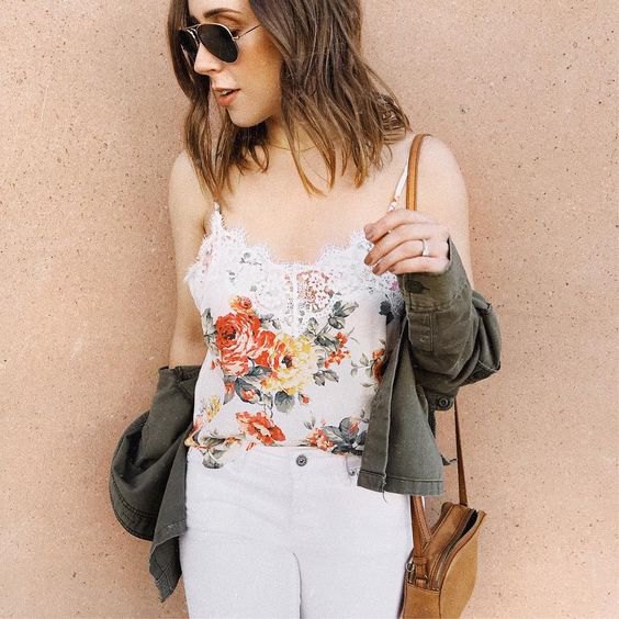 white, embroidered tank top with floral embroidery and skinny jeans