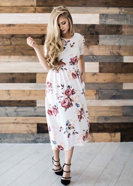 white floral midi dress with gathered waist